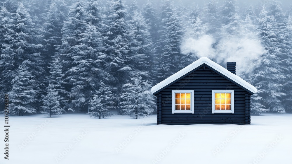 Cozy Cabin in Snowy Forest with Smoke Rising from Chimney Cozy Cabin in Snowy Forest with Smoke Rising from Chimney