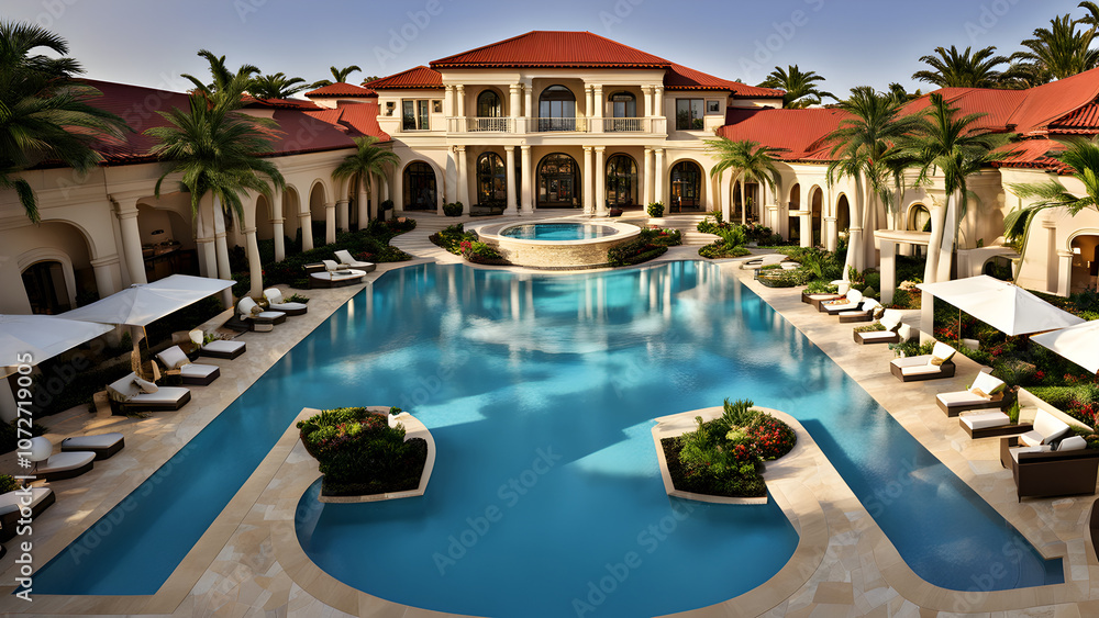 Fototapeta premium Beautiful resort exterior design, fancy resort, luxury vacation concept background, fancy travel, millionaire resort, ai generated