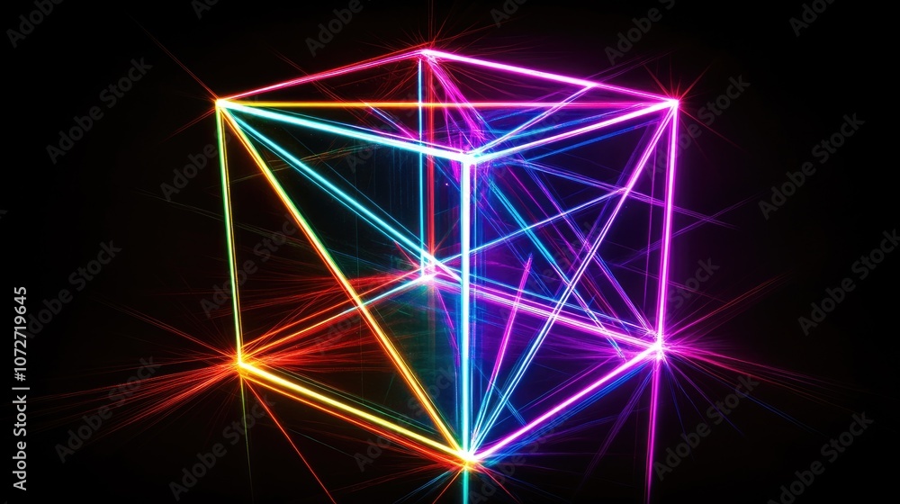 Neon Colorful 3D Cube with Bright Light Effects