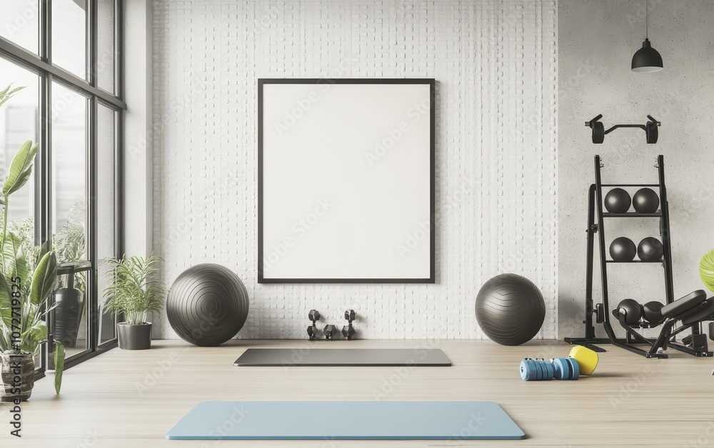 custom made wallpaper toronto digitalModern Home Gym Interior with Empty Frame Mockup, White Brick Wall and Wooden Floor.