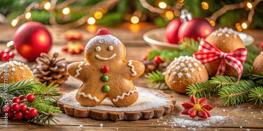 A gingerbread man smiles amidst festive holiday decor, surrounded by sugar-dusted treats, red ornaments, and pine branches with red berries, all resting on a rustic wooden table. A gingerbread man smiles amidst festive holiday decor, surrounded by sugar-dusted treats, red ornaments, and pine branches with red berries, all resting on a rustic wooden table.
