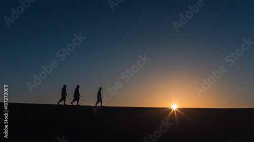 A minimalist, high-quality photograph of three silhouetted figures representing the Three Wise Men walking across a desert at dawn, guided by a bright, radiant star in the sky.