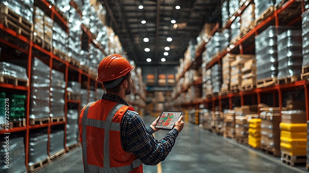 Warehouse worker using a tablet to manage inventory. Warehouse worker using a tablet to manage inventory.