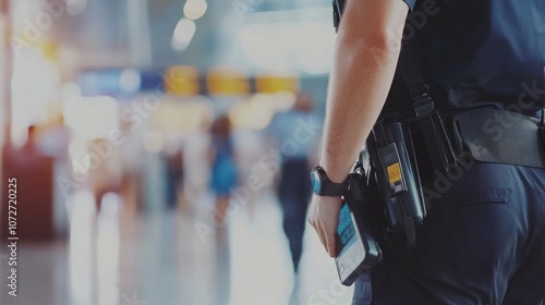 Security personnel in airport ensuring safe travel environment, vigilant officers monitoring checkpoints and maintaining order, emphasizing the importance of security in public transportation.