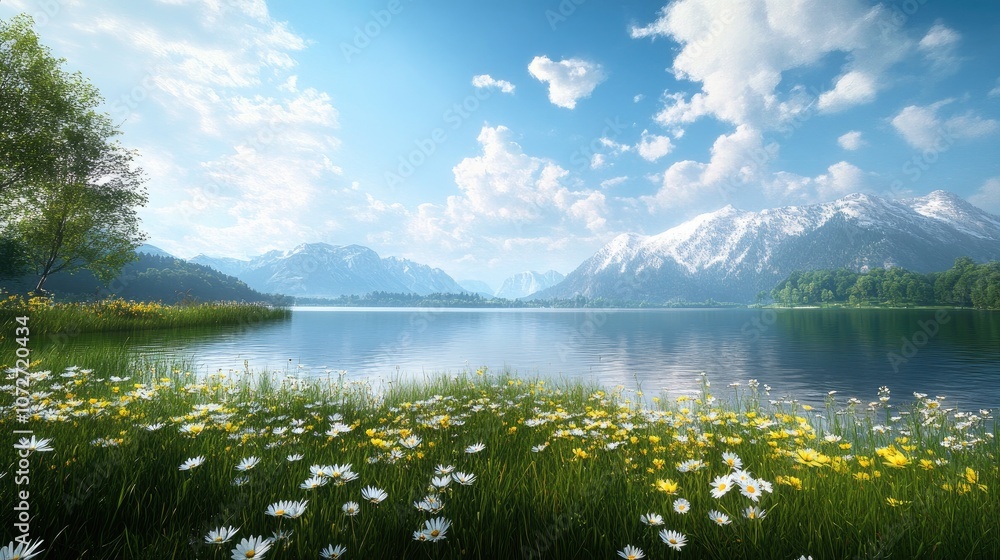 Fototapeta premium Serene Lake in the Mountains with Flowering Meadow