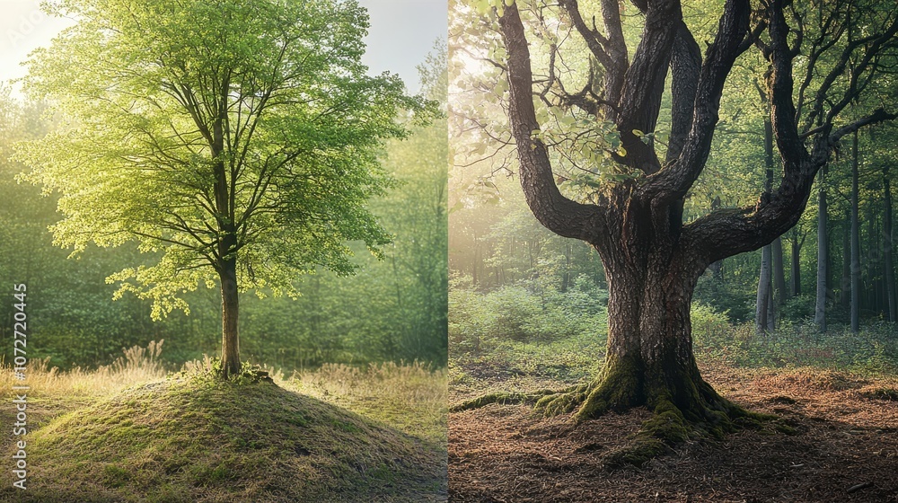 Fototapeta premium Young and Old Trees in a Forest with Sunlight - Nature Photography