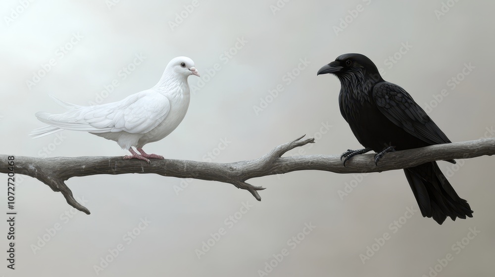 Fototapeta premium White Dove and Black Raven on Branch - Symbol of Peace and Darkness, Contrast, Nature, Wildlife