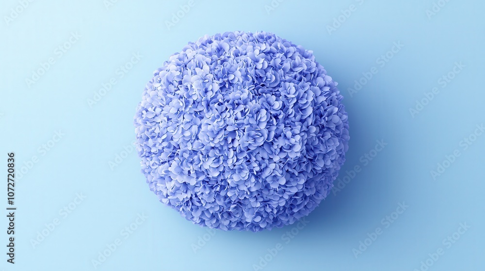 Purple Hydrangea Flower Sphere on Blue Background Minimalist Floral Design Purple Hydrangea Flower Sphere on Blue Background Minimalist Floral Design