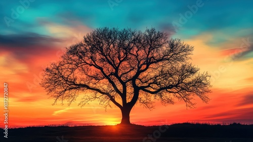 Silhouette of a Tree Against a Vibrant Sunset Sky - Nature Photography