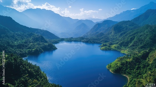 Serene Aerial View of Mountainous Lake Landscape