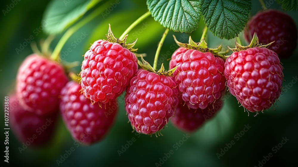 A close-up of ripe raspberries hanging from a plant, showcasing their vibrant color and texture. A close-up of ripe raspberries hanging from a plant, showcasing their vibrant color and texture.