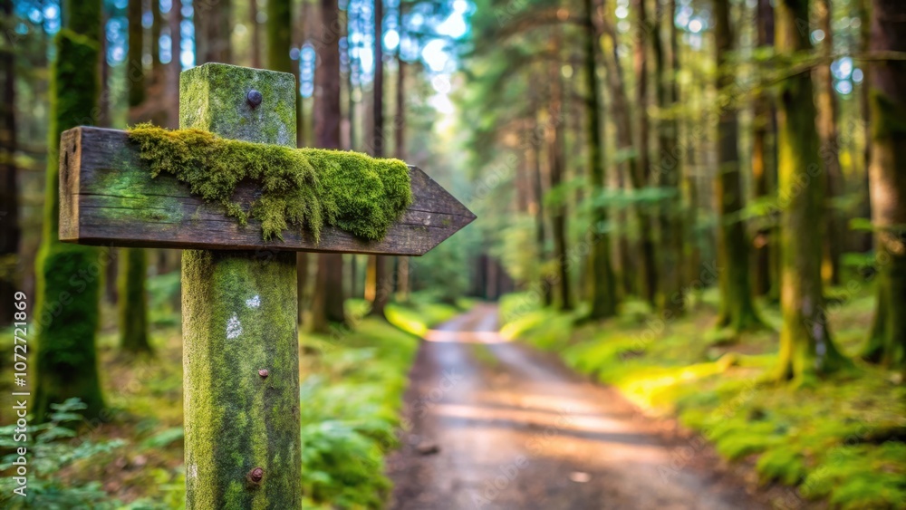 A moss-covered wooden arrow sign points towards a dirt path in a lush green forest A moss-covered wooden arrow sign points towards a dirt path in a lush green forest