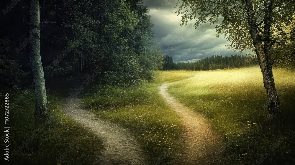 Fototapeta premium Two Paths Diverging in a Forest with Sunlight Breaking Through the Clouds