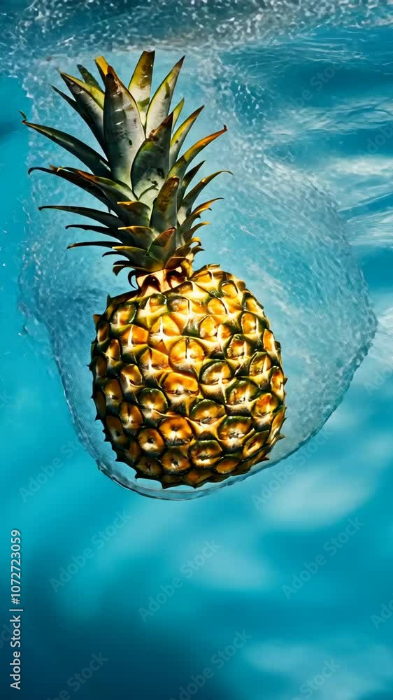 Pineapple floating in turquoise water under sunlight, refreshing and tropical concept Pineapple floating in turquoise water under sunlight, refreshing and tropical concept