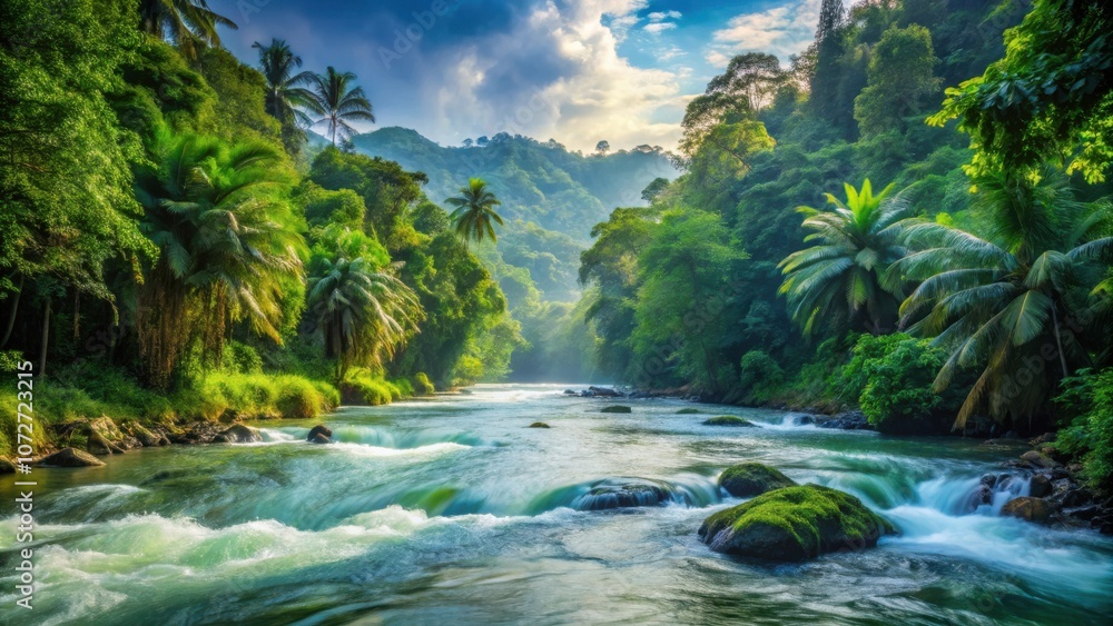Fototapeta premium A Serene River Flows Through a Lush Tropical Forest, Bathed in Golden Sunlight, with Palm Trees Swaying Gently in the Breeze