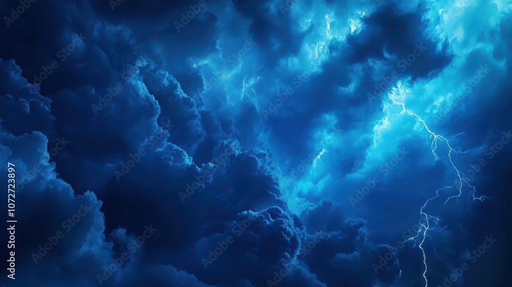 Dramatic Storm Clouds with Lightning Strike - Blue Sky Background Dramatic Storm Clouds with Lightning Strike - Blue Sky Background