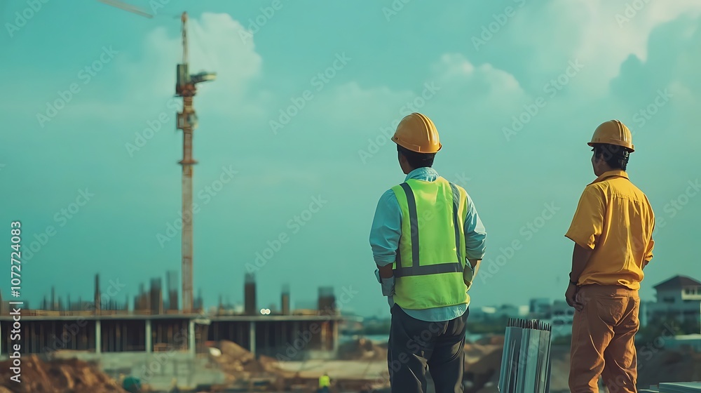 Fototapeta premium Engineer and Architect working on construction site with building crane background