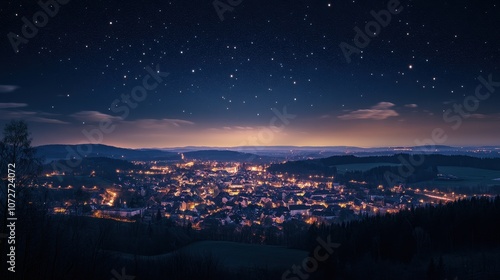 Night Sky over a Small Town with Lights and Stars - Aerial View