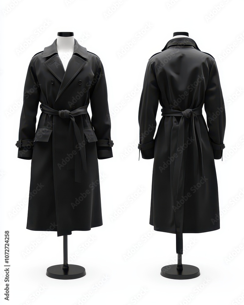 Black Double-Breasted Trench Coat on Mannequin with Belt - Front and Back View. Black Double-Breasted Trench Coat on Mannequin with Belt - Front and Back View.