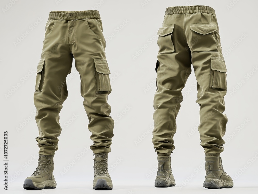 Green Cargo Pants with Pockets and Lace-up Boots on Mannequin - Front and Back View Green Cargo Pants with Pockets and Lace-up Boots on Mannequin - Front and Back View