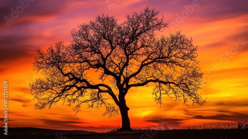 Silhouette of a Tree Against a Dramatic Sunset Sky.