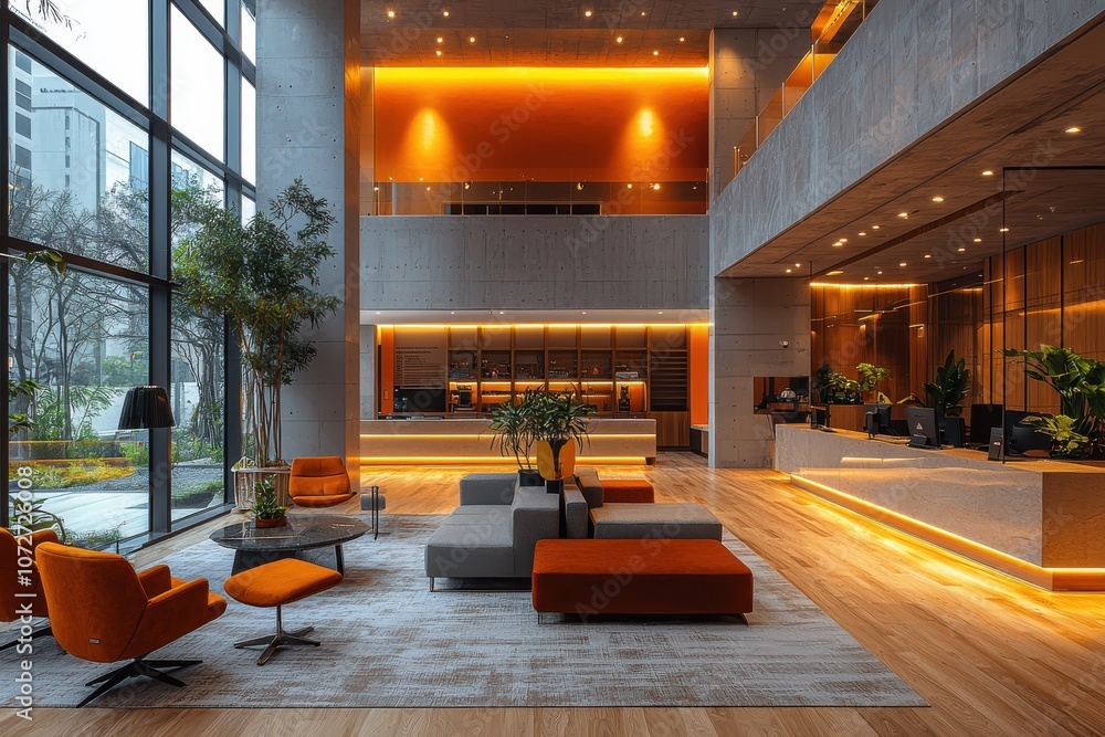 Modern hotel lobby with orange accents. Modern hotel lobby with orange accents.