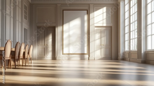 Sunlit empty room with elegant wooden chairs.