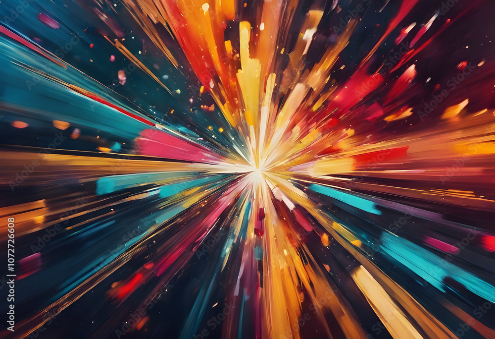 Abstract painting with vibrant, dynamic brushstrokes in various colors radiating from a central point, creating a sense of movement and energy. Abstract painting with vibrant, dynamic brushstrokes in various colors radiating from a central point, creating a sense of movement and energy.