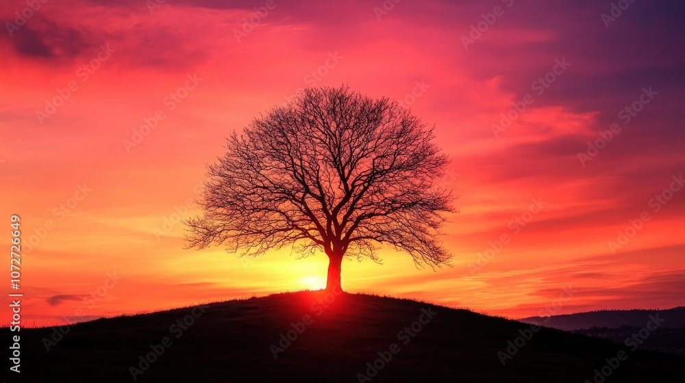 Fototapeta premium Silhouette of a Tree at Sunset with Dramatic Red Sky and Golden Light
