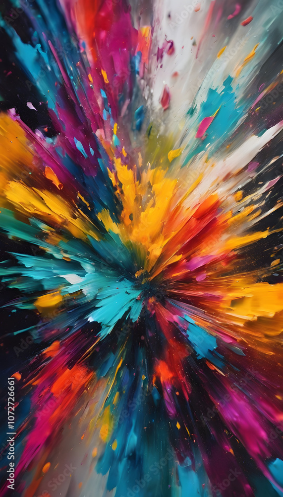 Abstract painting with vibrant, dynamic brushstrokes in various colors radiating from a central point, creating a sense of movement and energy. Abstract painting with vibrant, dynamic brushstrokes in various colors radiating from a central point, creating a sense of movement and energy.