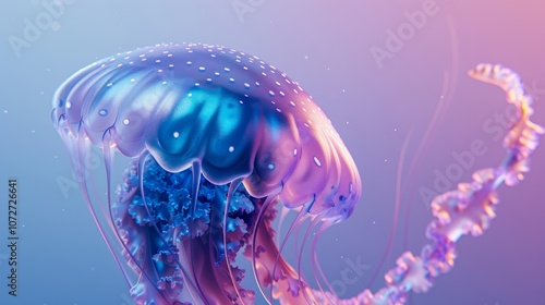 A mesmerizing 3D inflatable icon of a jellyfish with a bubbly and translucent texture and a gradient of blue and purple colors perfect for ocean or aquaticthemed projects. photo