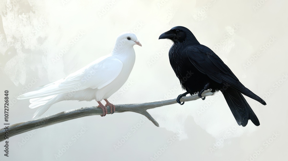 White Dove and Black Crow Perched on Branch - Symbolic Opposites Concept. White Dove and Black Crow Perched on Branch - Symbolic Opposites Concept.