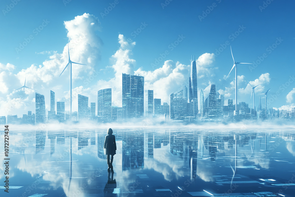 Eco-Friendly Urban Cityscape with Solar Panels, Wind Turbines, and Green Landscape Showcasing Renewable Energy and Sustainable Development Eco-Friendly Urban Cityscape with Solar Panels, Wind Turbines, and Green Landscape Showcasing Renewable Energy and Sustainable Development