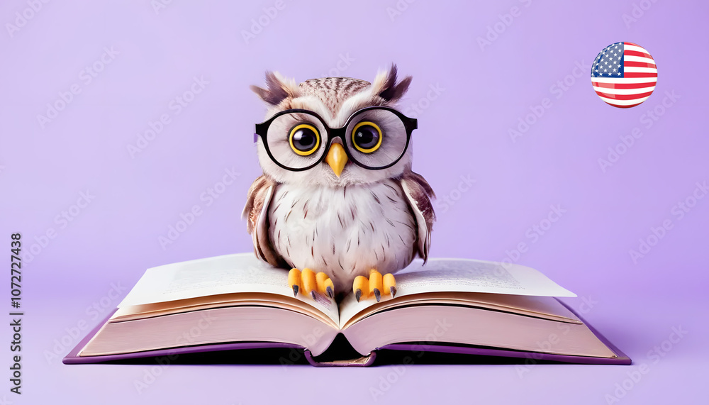 Cute owl with glasses sitting on open book for education and learning concept
Cute owl with glasses sitting on open book for education and learning concept