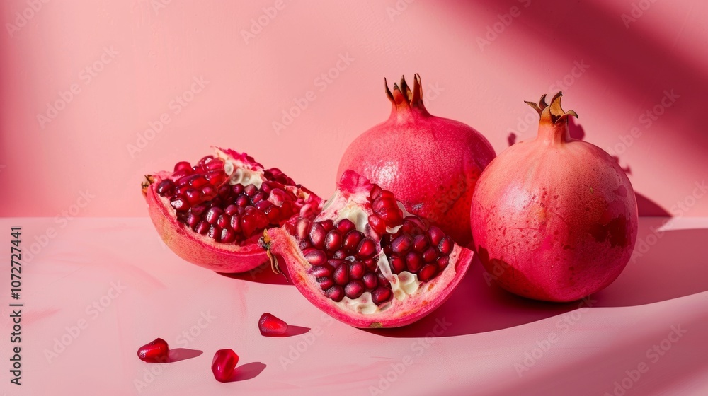 Fresh Pomegranate Halves on Pink Background Fresh Pomegranate Halves on Pink Background