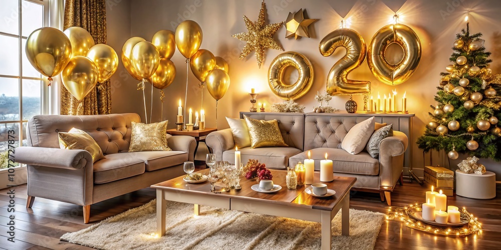 Elegant Gold Foil Balloons for a Festive New Year Celebration in a Cozy Living Room Setting with Warm Lighting and Stylish Decor Enhancements Elegant Gold Foil Balloons for a Festive New Year Celebration in a Cozy Living Room Setting with Warm Lighting and Stylish Decor Enhancements