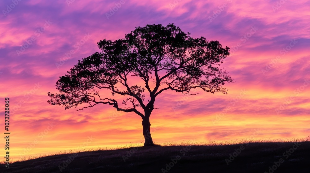 Silhouetted Tree Against a Vibrant Pink and Orange Sunset Sky. Silhouetted Tree Against a Vibrant Pink and Orange Sunset Sky.