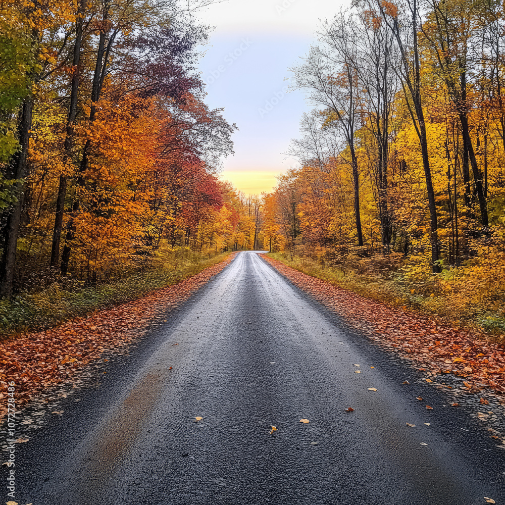 Autumn Forest Pathway with Asphalt Road Autumn Forest Pathway with Asphalt Road