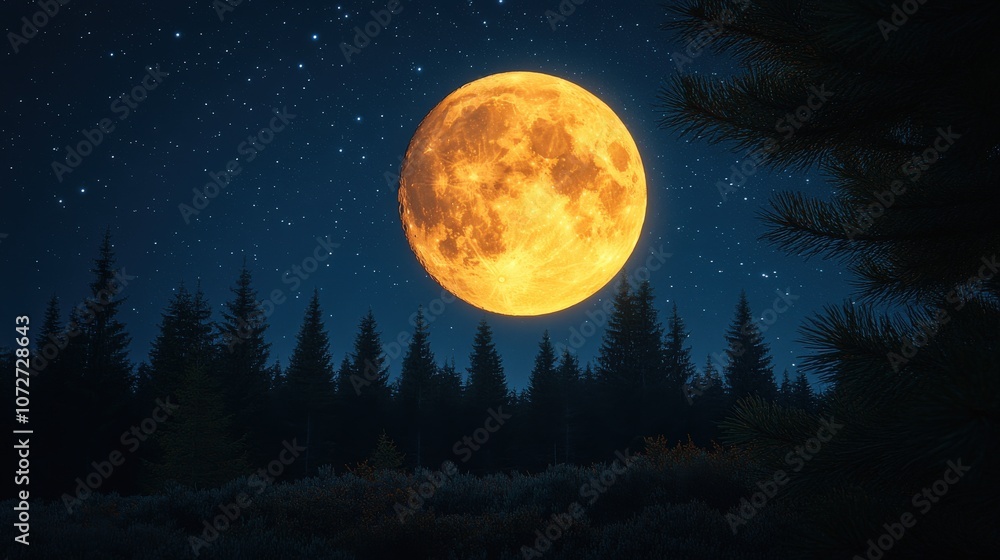 Naklejka premium A bright full moon illuminates a forested landscape under a starry night sky.