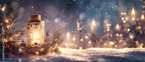 A warmly glowing lantern with a candle in it nestled among snow-dusted Christmas tree branches on a snowy ground, ideal for Christmas cards, holiday social media posts, or seasonal screensavers photo