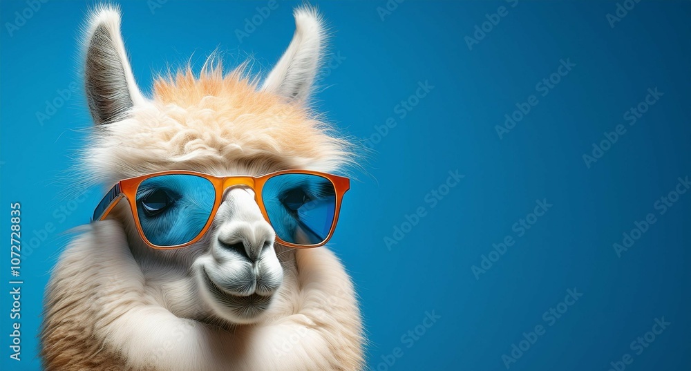 Alpaca blanca con estilo y unas gafas de sol, fondo sólido de color Alpaca blanca con estilo y unas gafas de sol, fondo sólido de color
