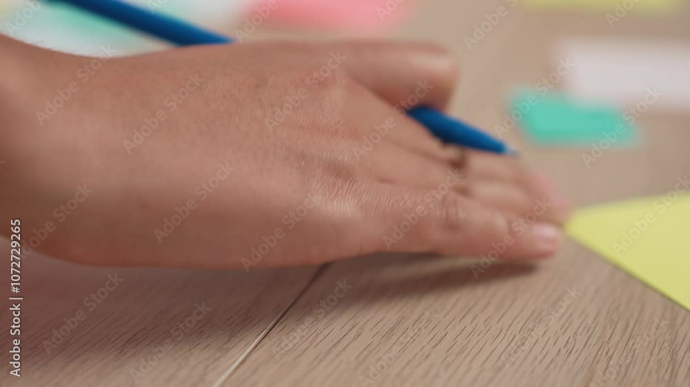 Slow motion closeup hand female businesswoman hand writing marketing on paper with pencil and sticky notes placed on table. Creative start up business and teamwork concept. Focus on hand. Variegated. Slow motion closeup hand female businesswoman hand writing marketing on paper with pencil and sticky notes placed on table. Creative start up business and teamwork concept. Focus on hand. Variegated.