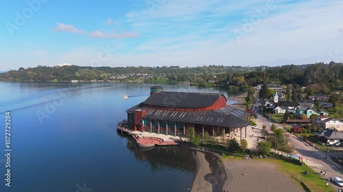 Aerial view of Teatro del Lago in the coast of Llanquihue Lake in Frutillar