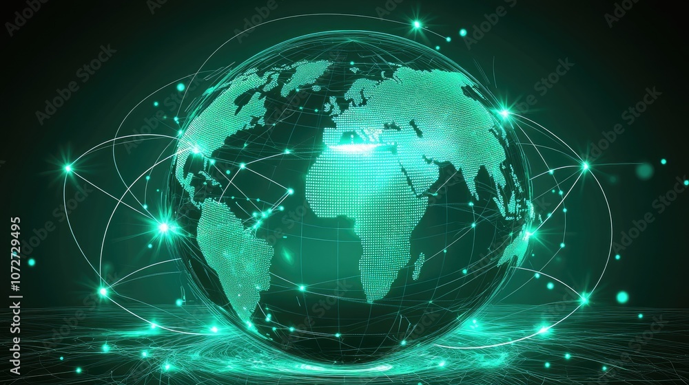 Globe with neon grid overlay, holographic style, connecting lights in green and cyan, dark backdrop, high-resolution illustration Globe with neon grid overlay, holographic style, connecting lights in green and cyan, dark backdrop, high-resolution illustration