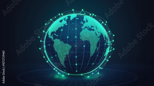 Globe with neon grid overlay, holographic style, connecting lights in green and cyan, dark backdrop, high-resolution illustration