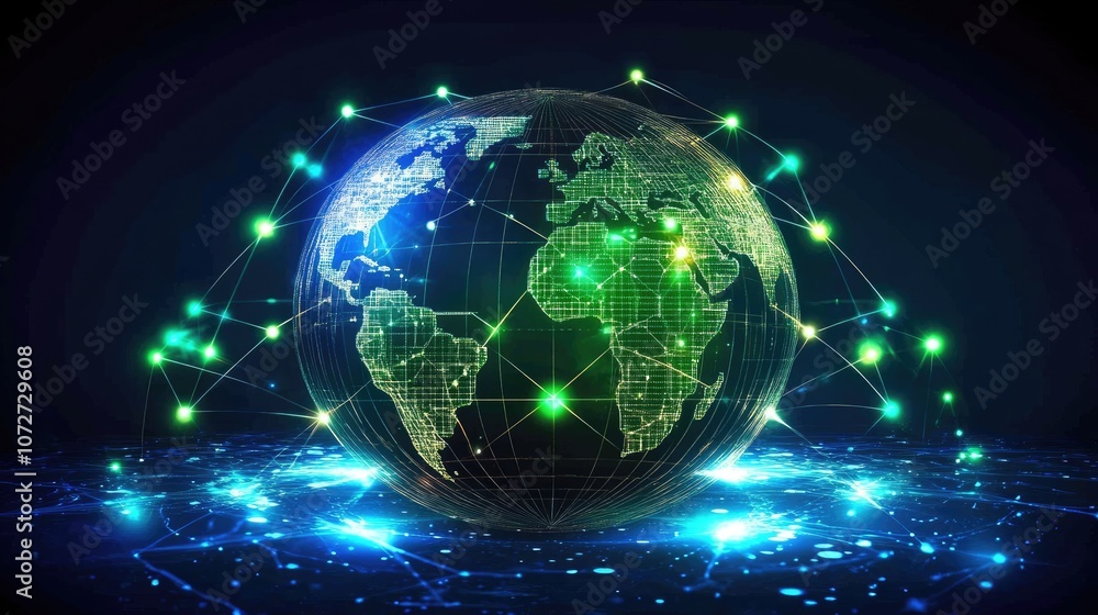 Globe with neon grid overlay, holographic style, connecting lights in green and cyan, dark backdrop, high-resolution illustration Globe with neon grid overlay, holographic style, connecting lights in green and cyan, dark backdrop, high-resolution illustration