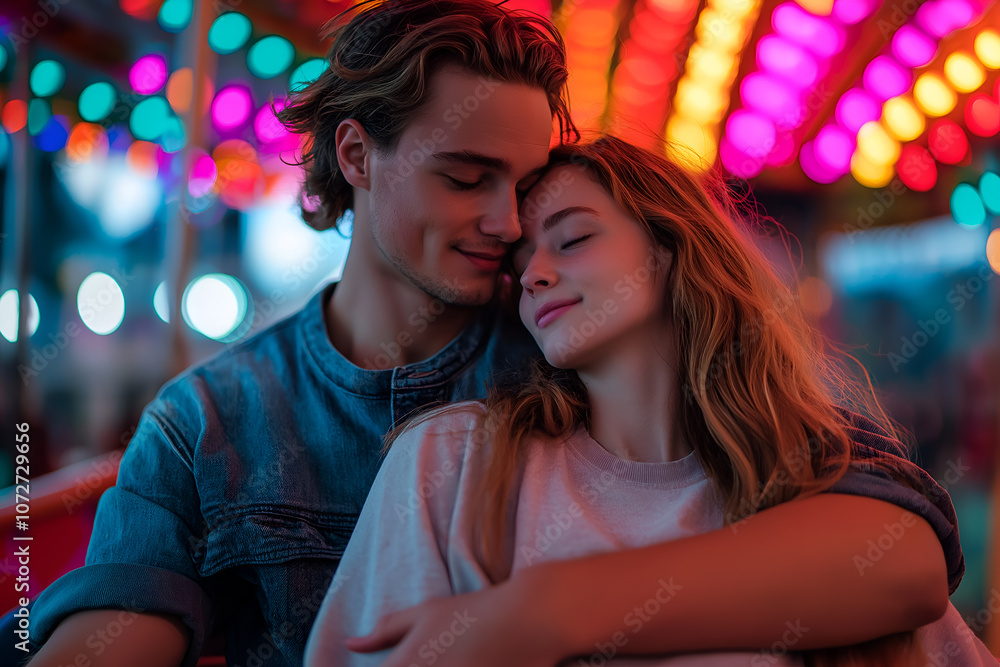 A couple happily flirting at a downtown cafe on a romantic evening. A couple happily flirting at a downtown cafe on a romantic evening.