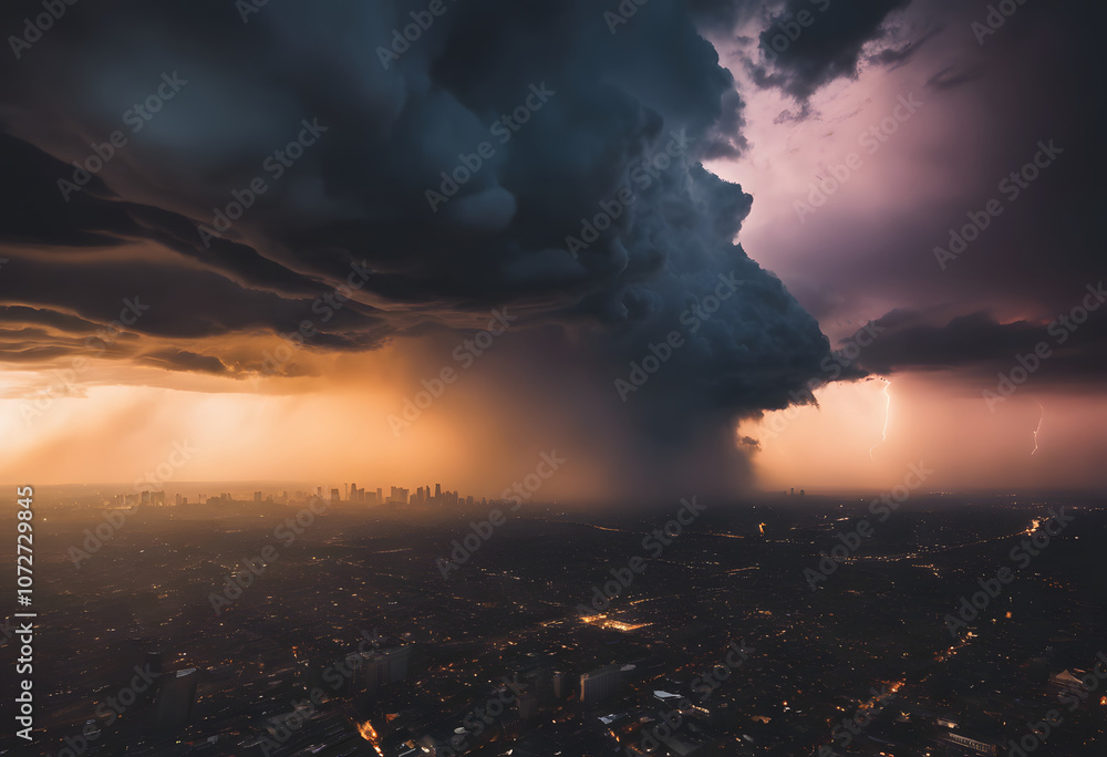 Obraz premium Aerial view of a cityscape at dusk with dramatic clouds and illuminated streets.