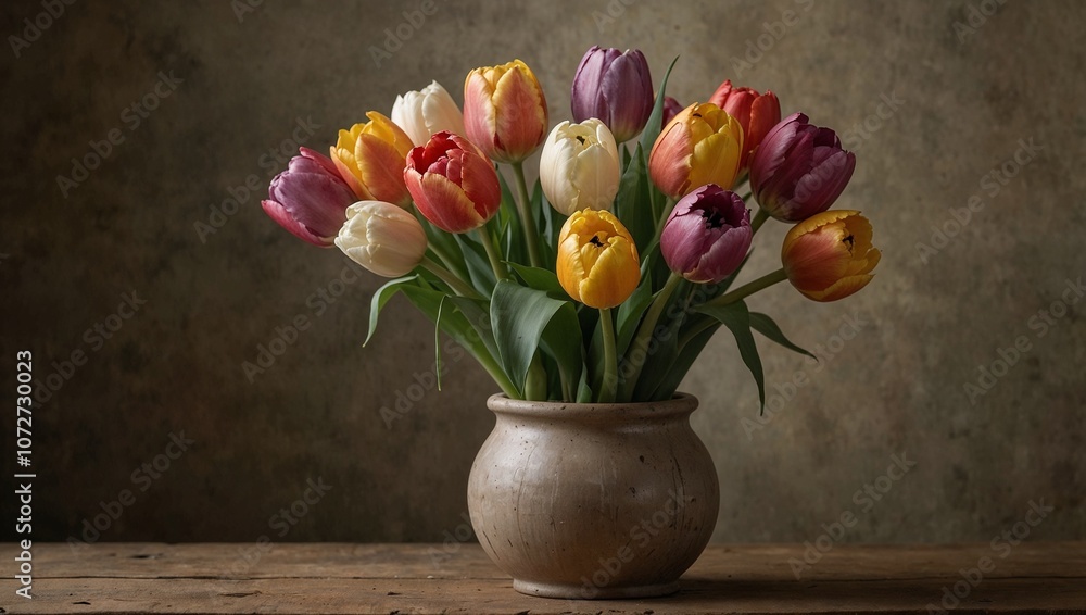 Charming mixed tulips in a rustic vase creating a warm and inviting atmosphere Charming mixed tulips in a rustic vase creating a warm and inviting atmosphere