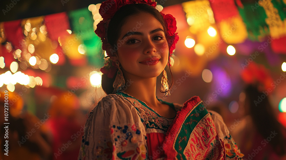 Fototapeta premium Celebration of Mexican Independence Day with vibrant colors and festive attire in a joyful gathering